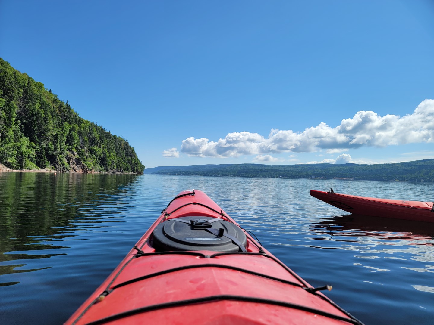 kayaks in the water in Cape Breton on a sunny day