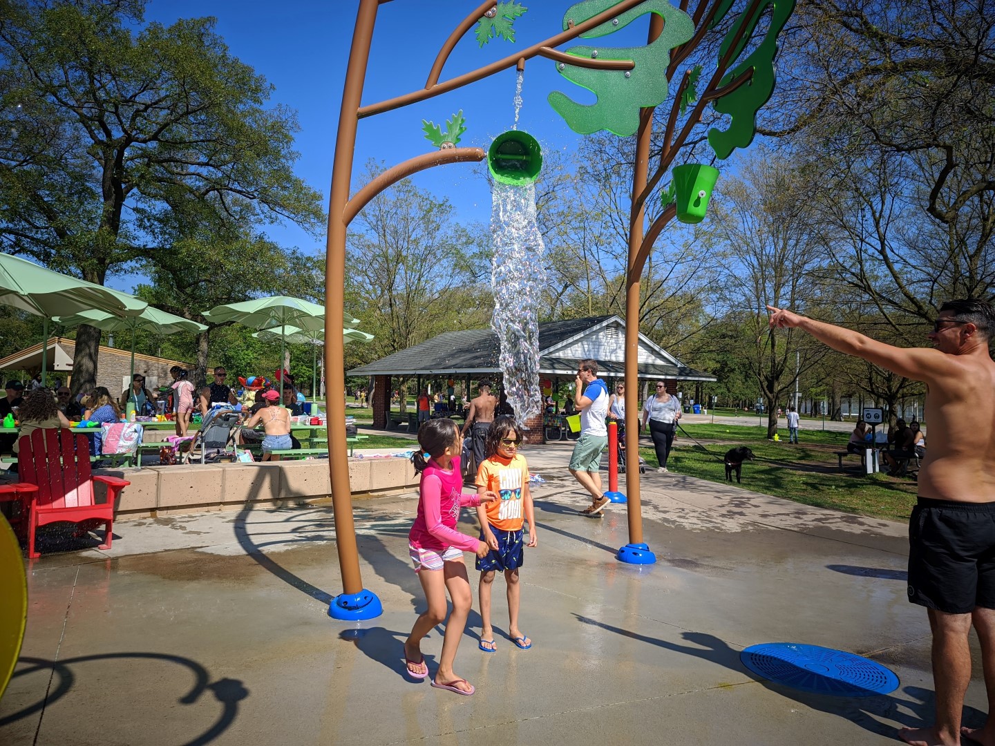 kids getting dunked and adult point at splash pad