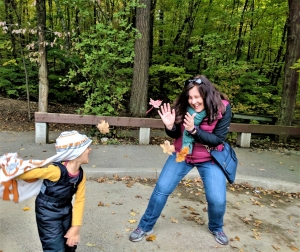 Pink lake with kids. fall colours in Ottawa