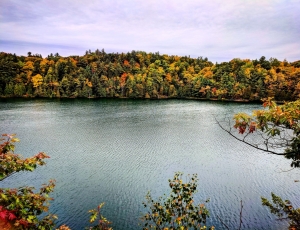 Pink lake with kids. fall colours in Ottawa