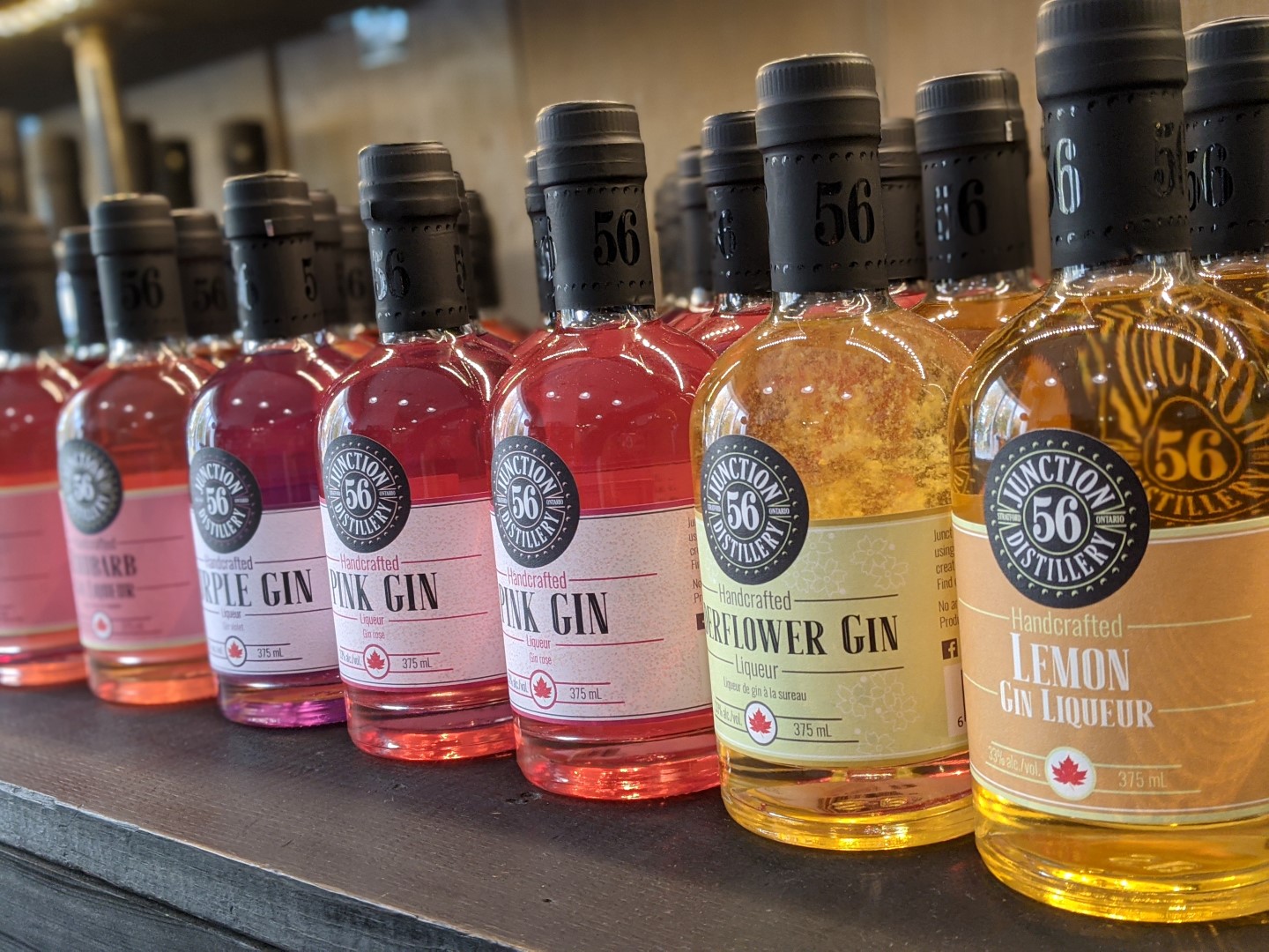bottles of colorful gin