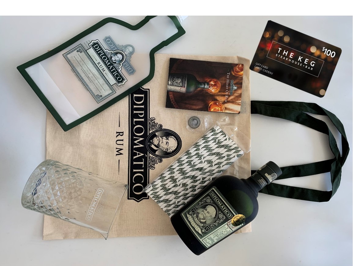 Bottle of Diplomático Rum. The Keg Gift Card, Tote Bag and mixing glass with straws