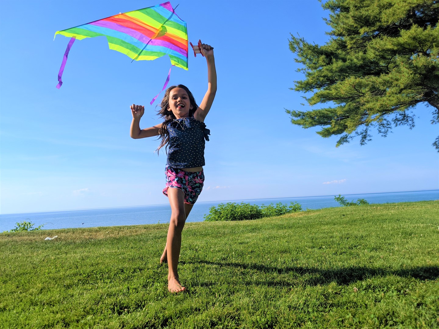 girl flying rainbow kite