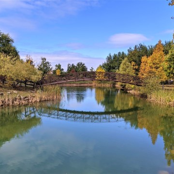 water reflections and a bridge during fall foliage