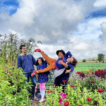 mixed family in Ontario flower farm acting goofy