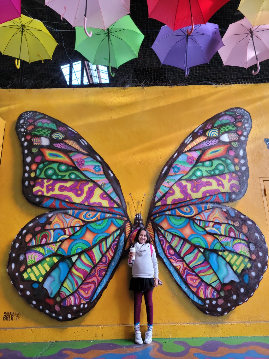 girl infront of butterfly wings and yellow wall