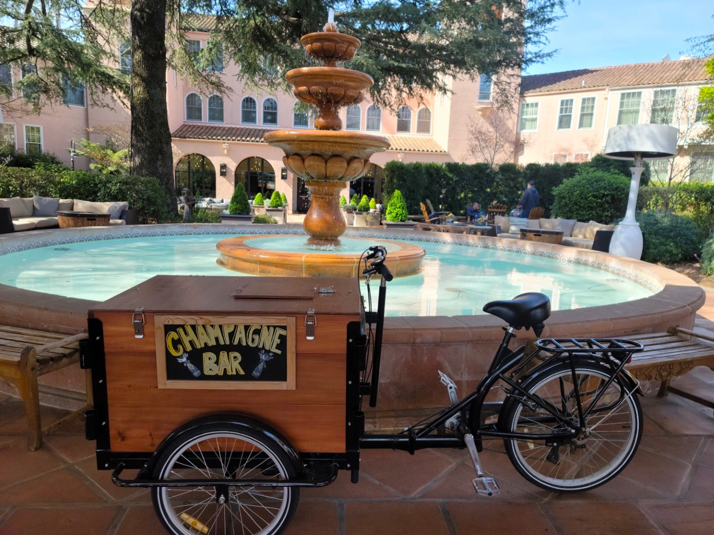 champagne cart in front of fountain at Fairmont Sonoma Missions Hills