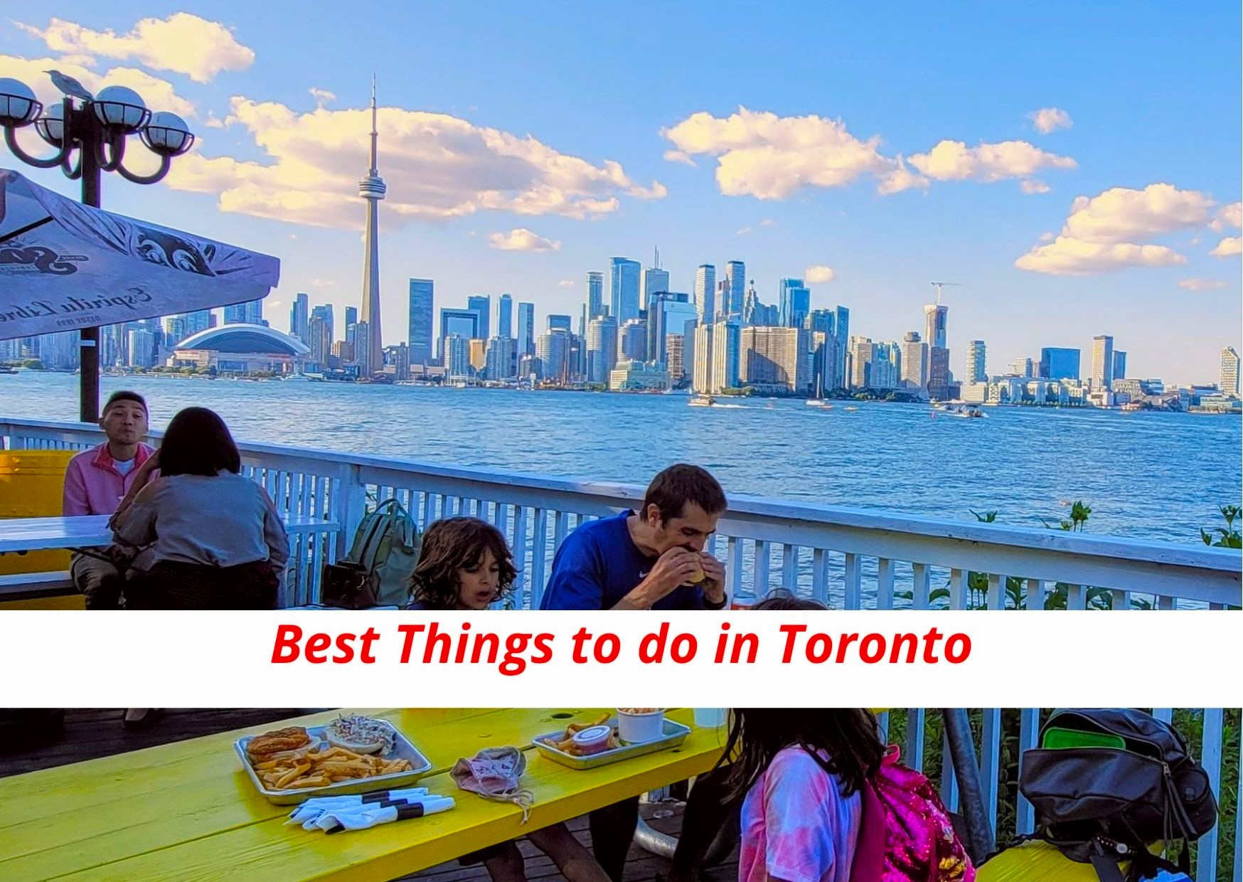 Toronto skyline with family eating by waterfront