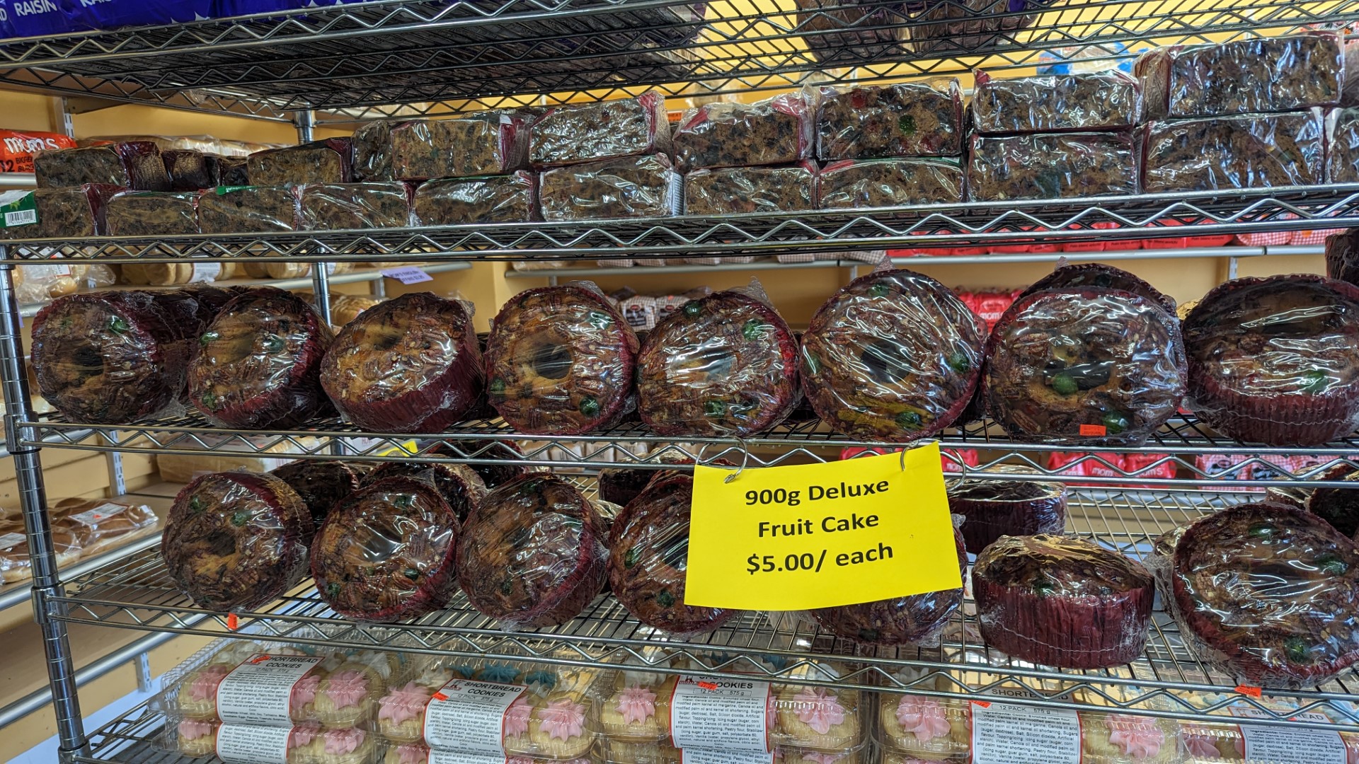 fruit cakes on shelf at McFadgen's Bakery Nova Scotia