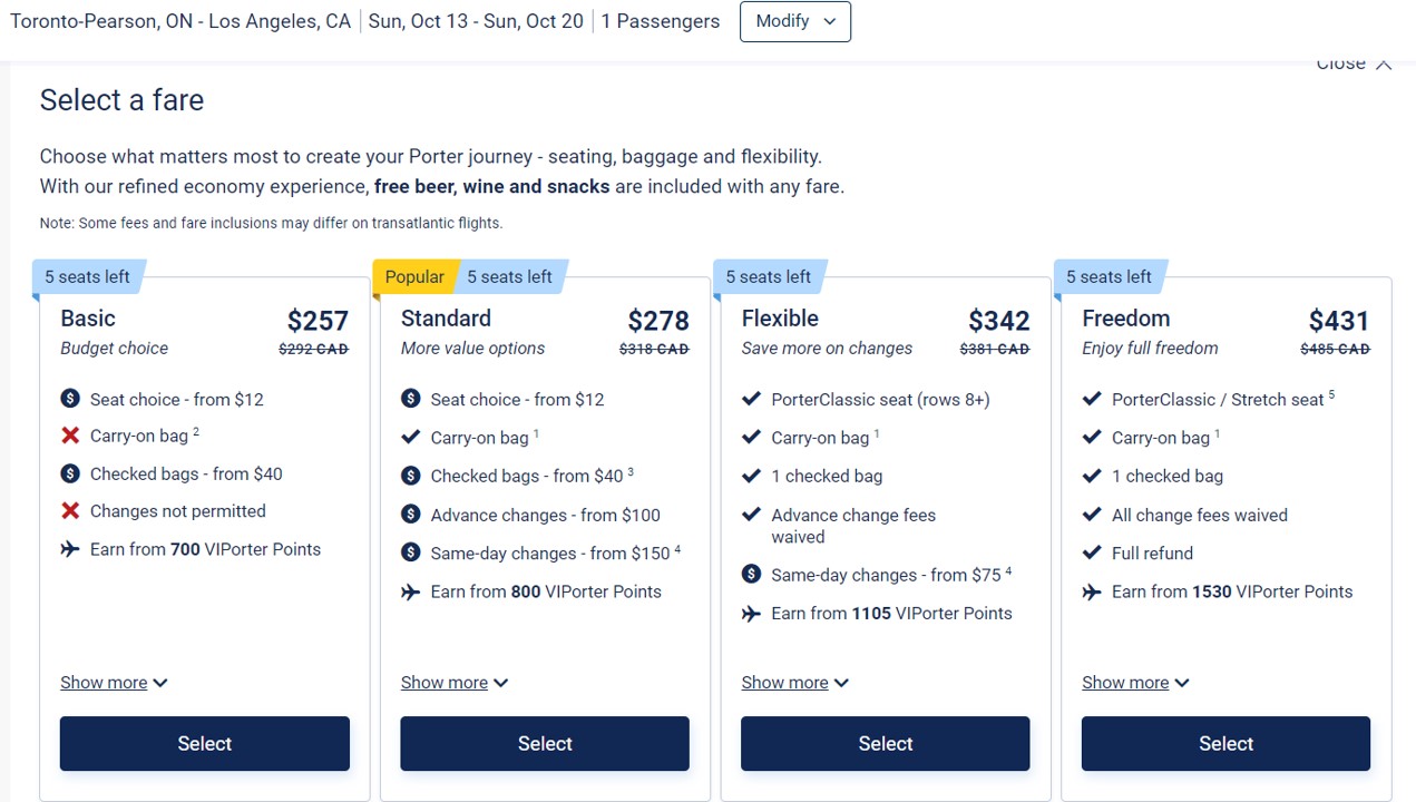 Porterclassic fare option