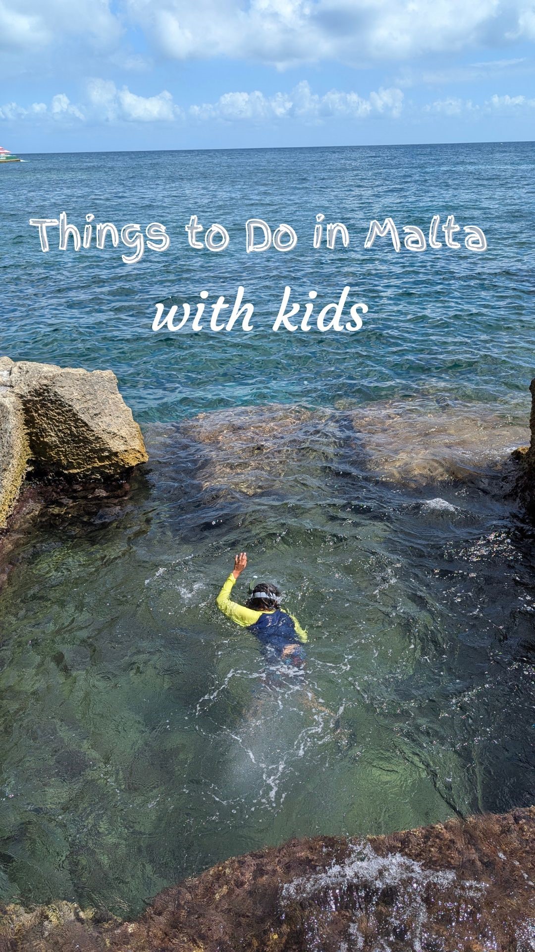 Boy swimming and things to do in Malta with kids written