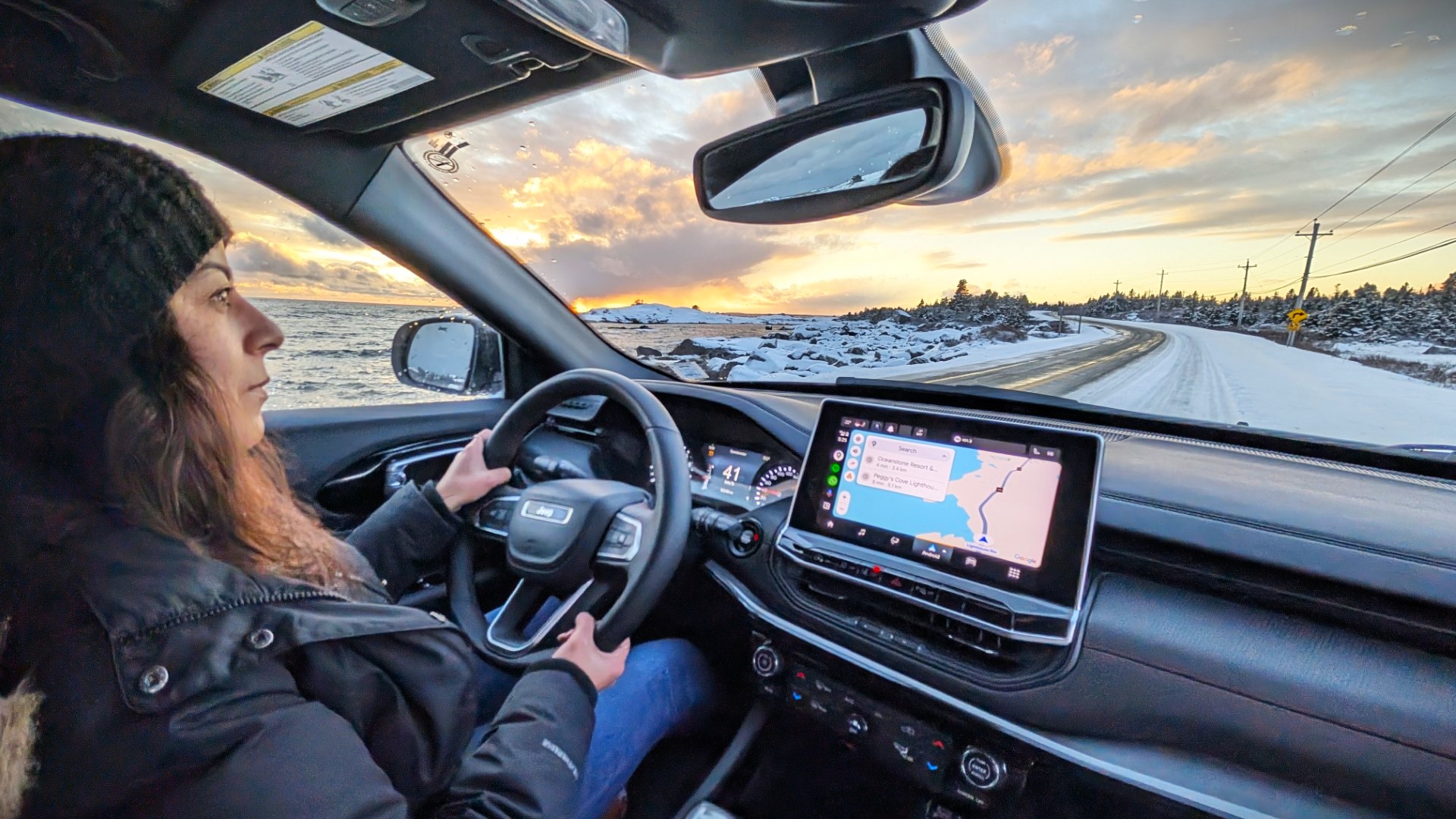 Woman driving in Nova Scotia in the winter