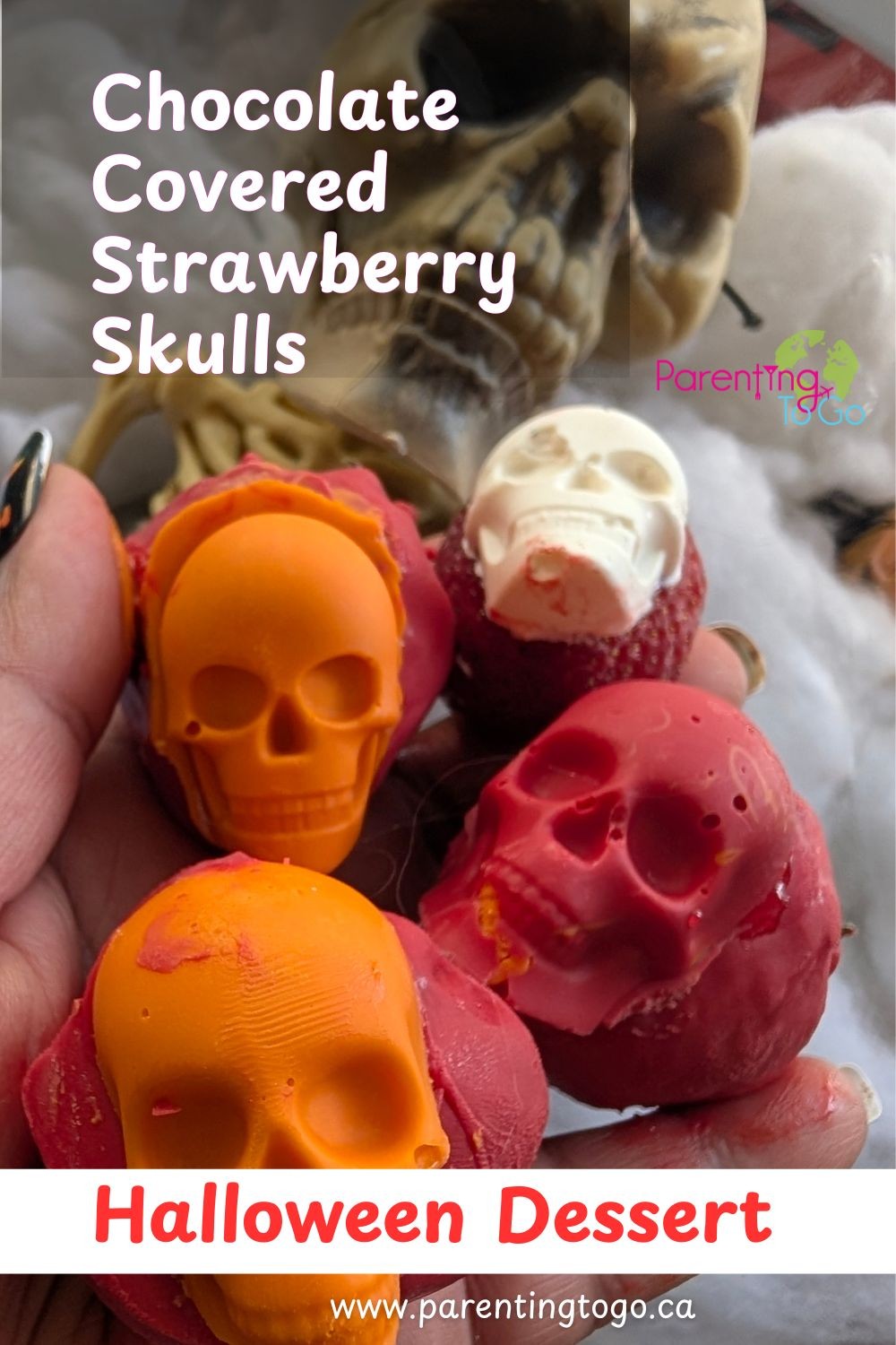 Chocolate covered strawberry skulls for halloween dessert